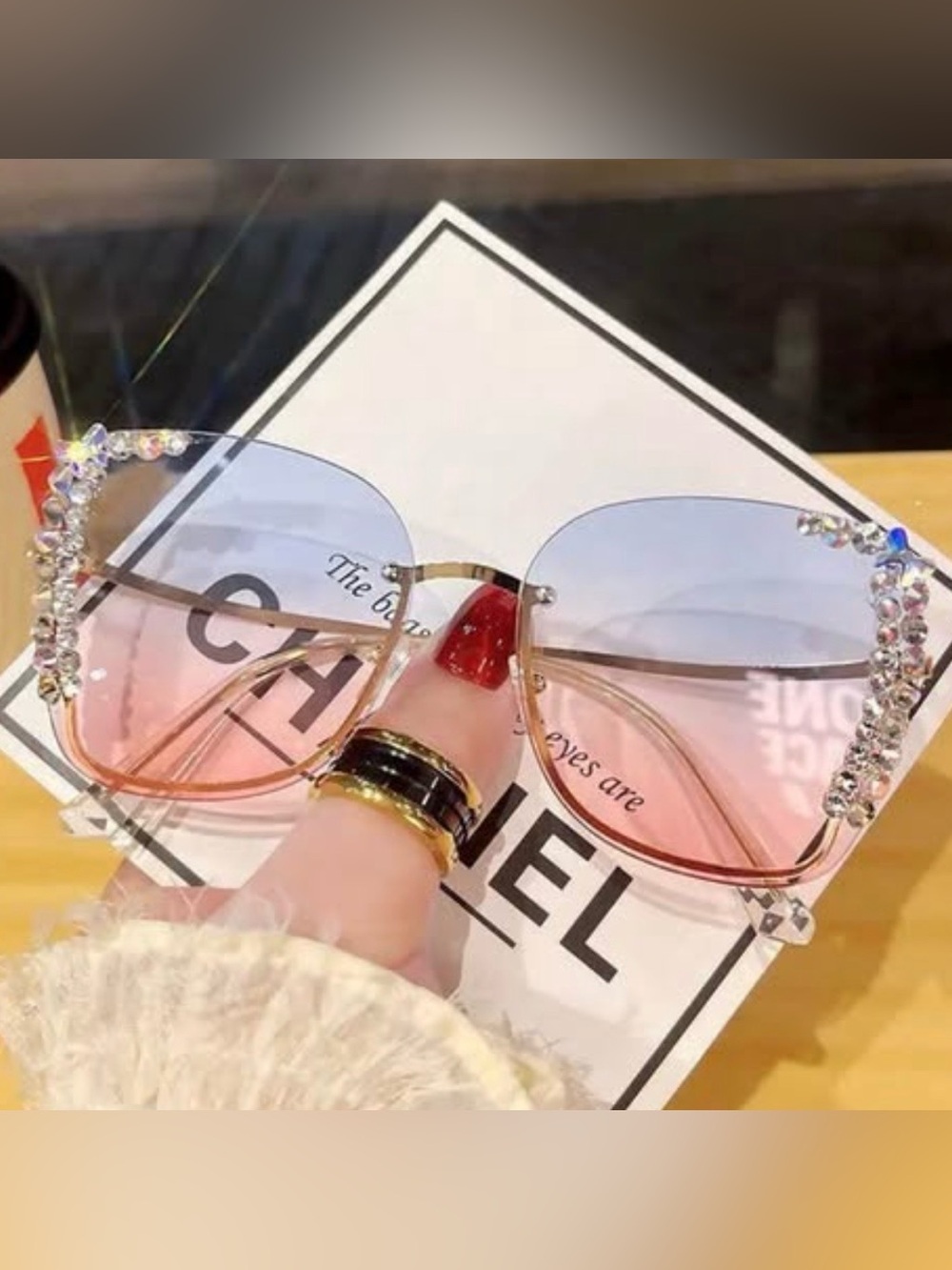 ☮️ Oversized Pink & Blue Rimless Square Gradient Lenses Sunglasses w Rhinestones